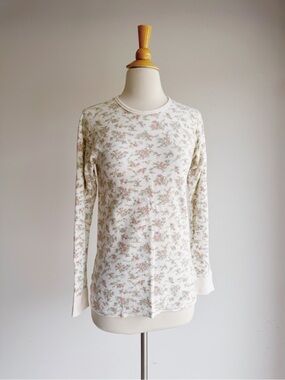 VINTAGE 90s Duofold Floral Thermal Top Wool Blend Cottagecore Layering Thermal